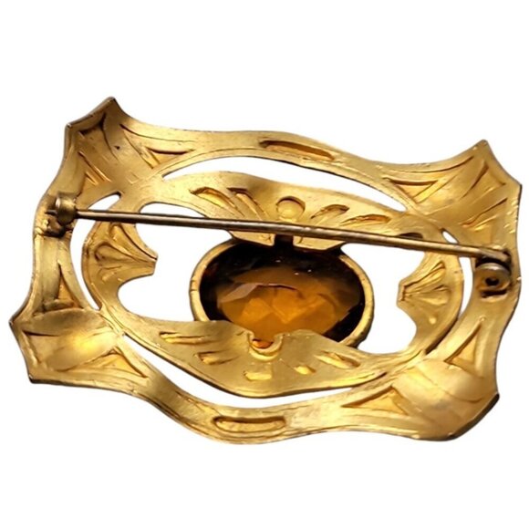 Buckle Style Czech Glass Brooch Light Brown Boho Stone Gold Tone Setting - Picture 10 of 10
